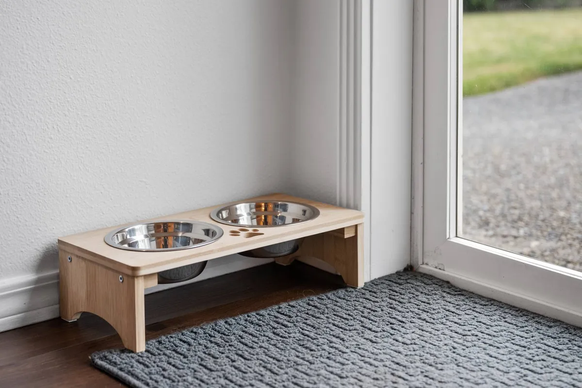 A cozy interior scene with a dedicated pet feeding station by the door, bathed in natural light. A textured mat and pet bowls are arranged invitingly, suggesting both comfort and care for four-legged guests.