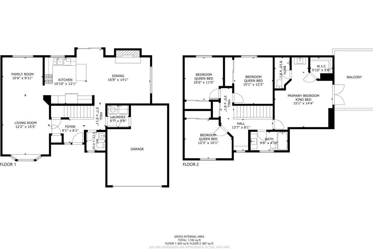 This image showcases an open-plan family room that seamlessly connects to the kitchen and dining area, with a visible balcony extending the communal feel. The space is furnished with comfortable seating, a dining table, and modern décor, all bathed in natural light that streams through large windows.